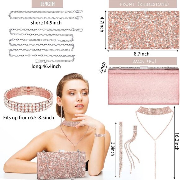 Women Rhinestone Clutch Bag Jewelry Set Rose Gold Evening Party Accessories - Picture 2 of 7